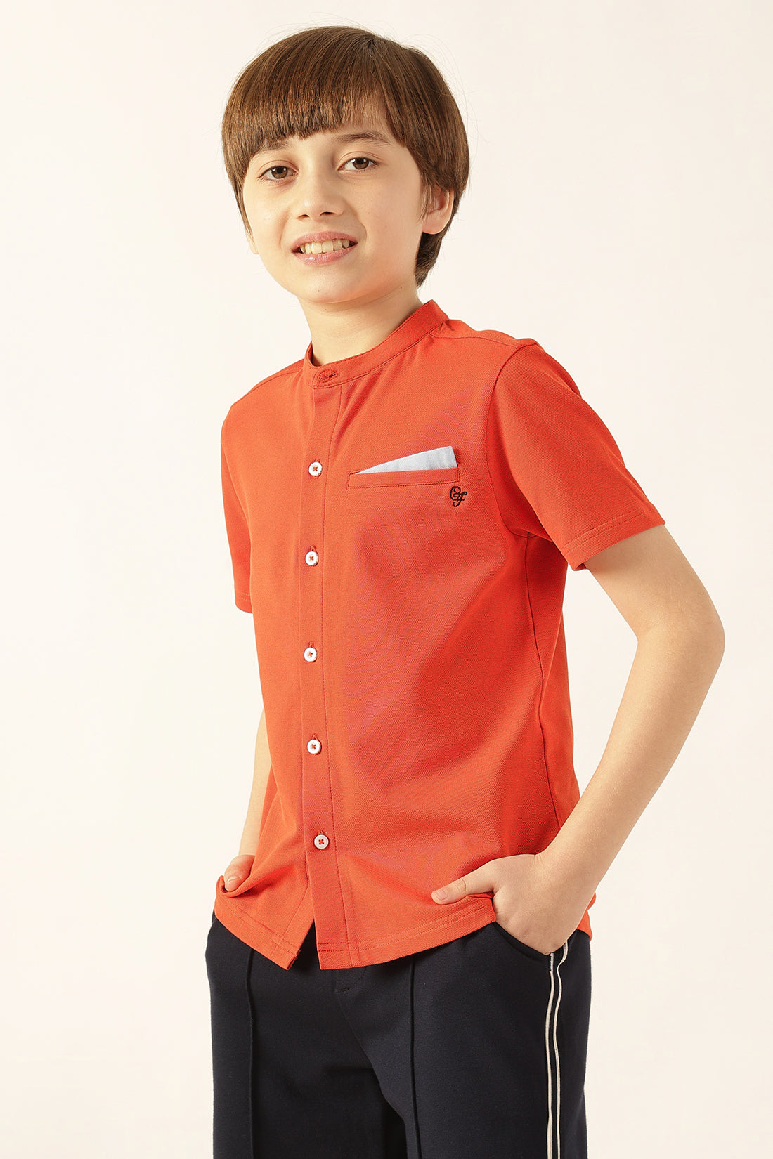 Boys Orange Solid Printed Knit Shirt