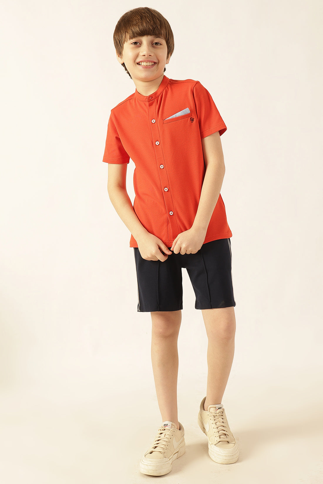 Boys Orange Solid Printed Knit Shirt