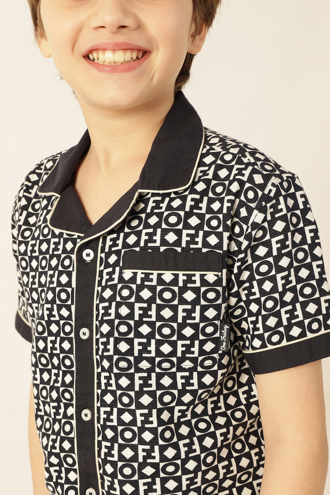 Boys Navy Blue Abstract Cotton Slub Shirt