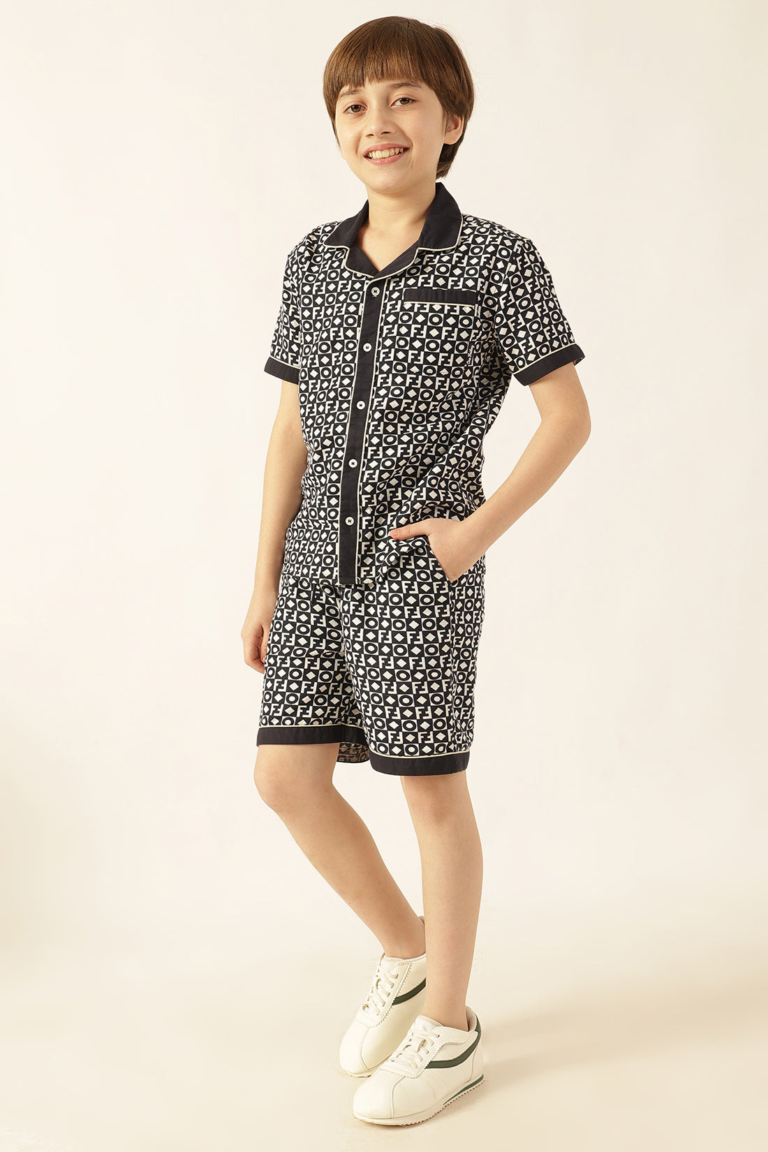 Boys Navy Blue Abstract Cotton Slub Shirt