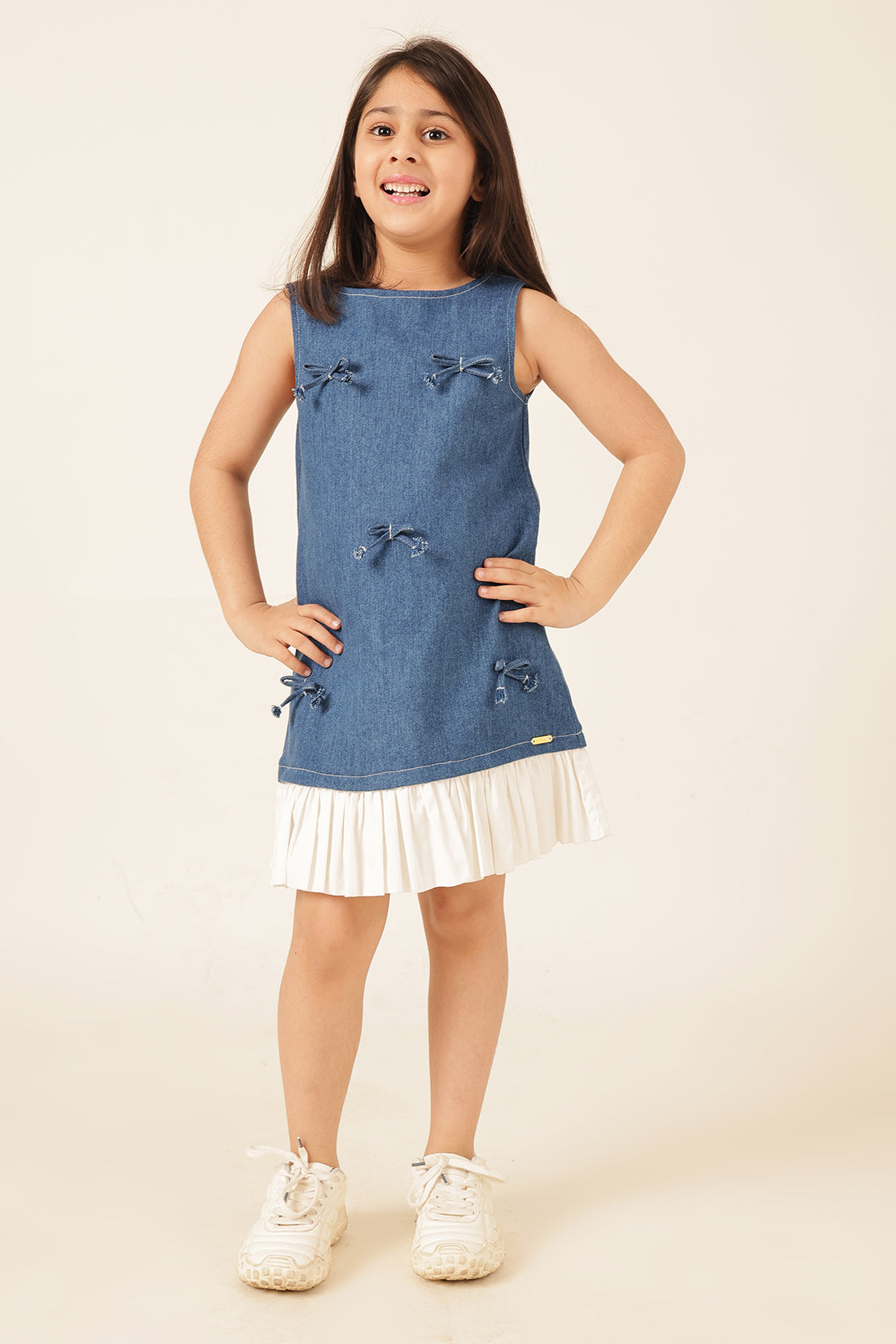 Girls Blue Denim Lycra Cap Sleeve Dress