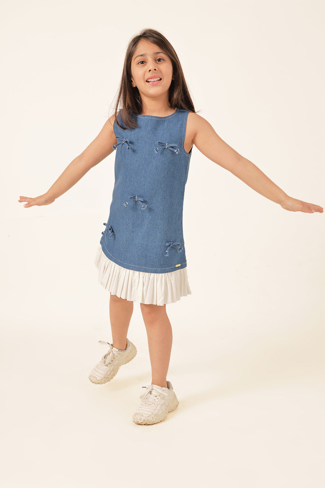 Girls Blue Denim Lycra Cap Sleeve Dress