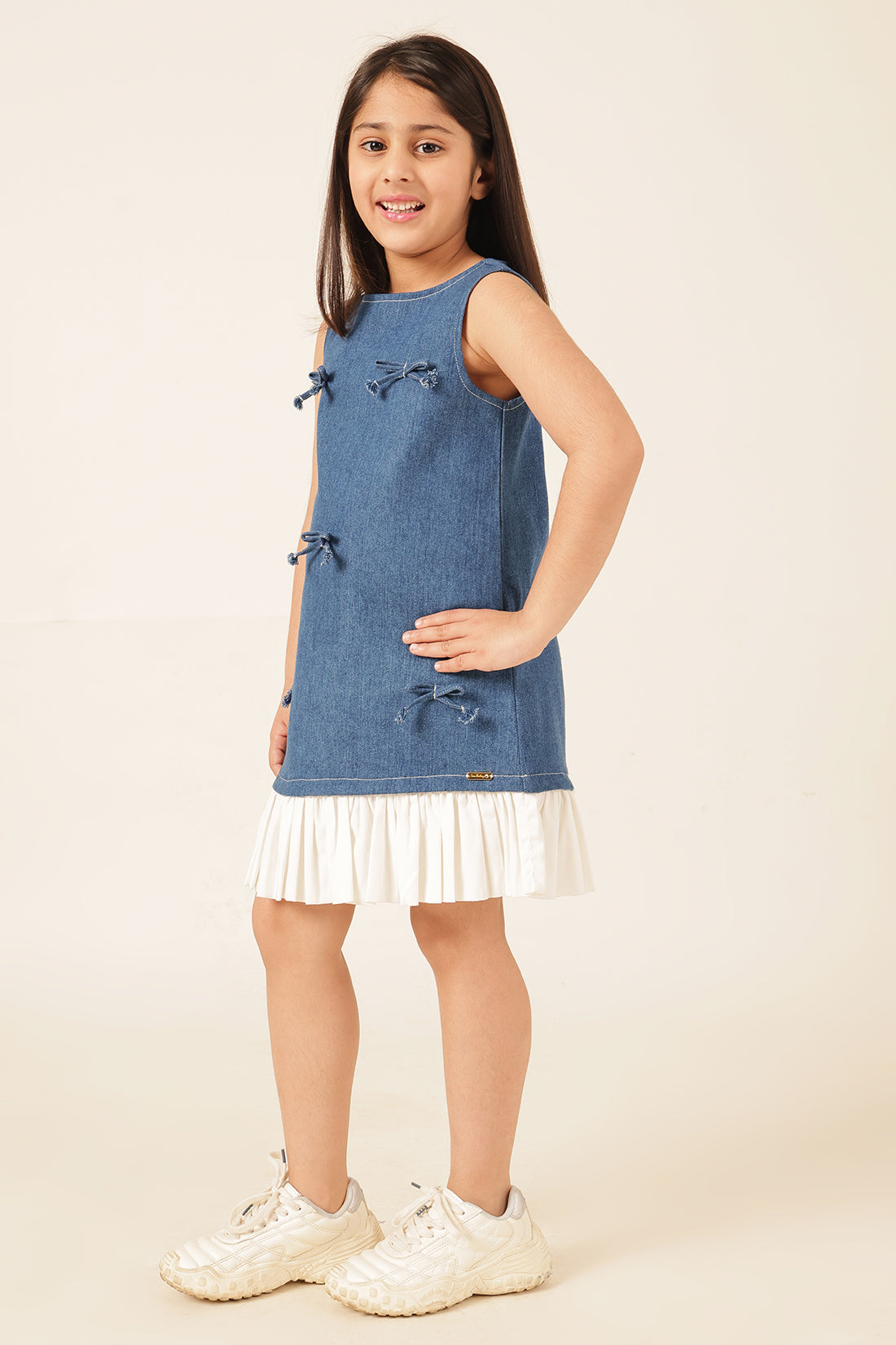 Girls Blue Denim Lycra Cap Sleeve Dress