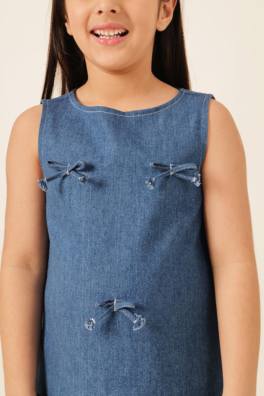 Girls Blue Denim Lycra Cap Sleeve Dress