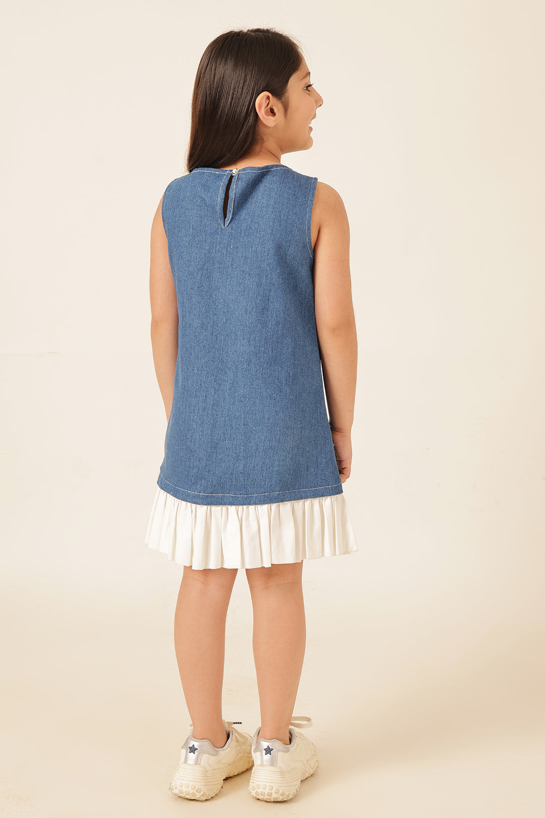 Girls Blue Denim Lycra Cap Sleeve Dress