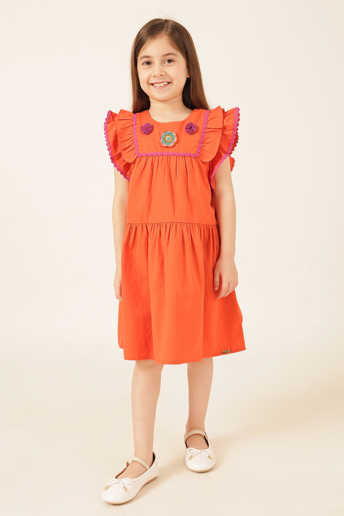 Girls Orange Cotton Twill Dress