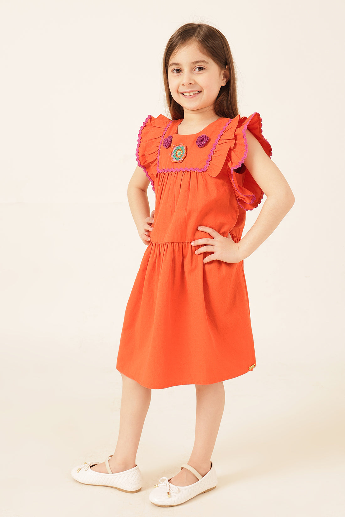 Girls Orange Cotton Twill Dress