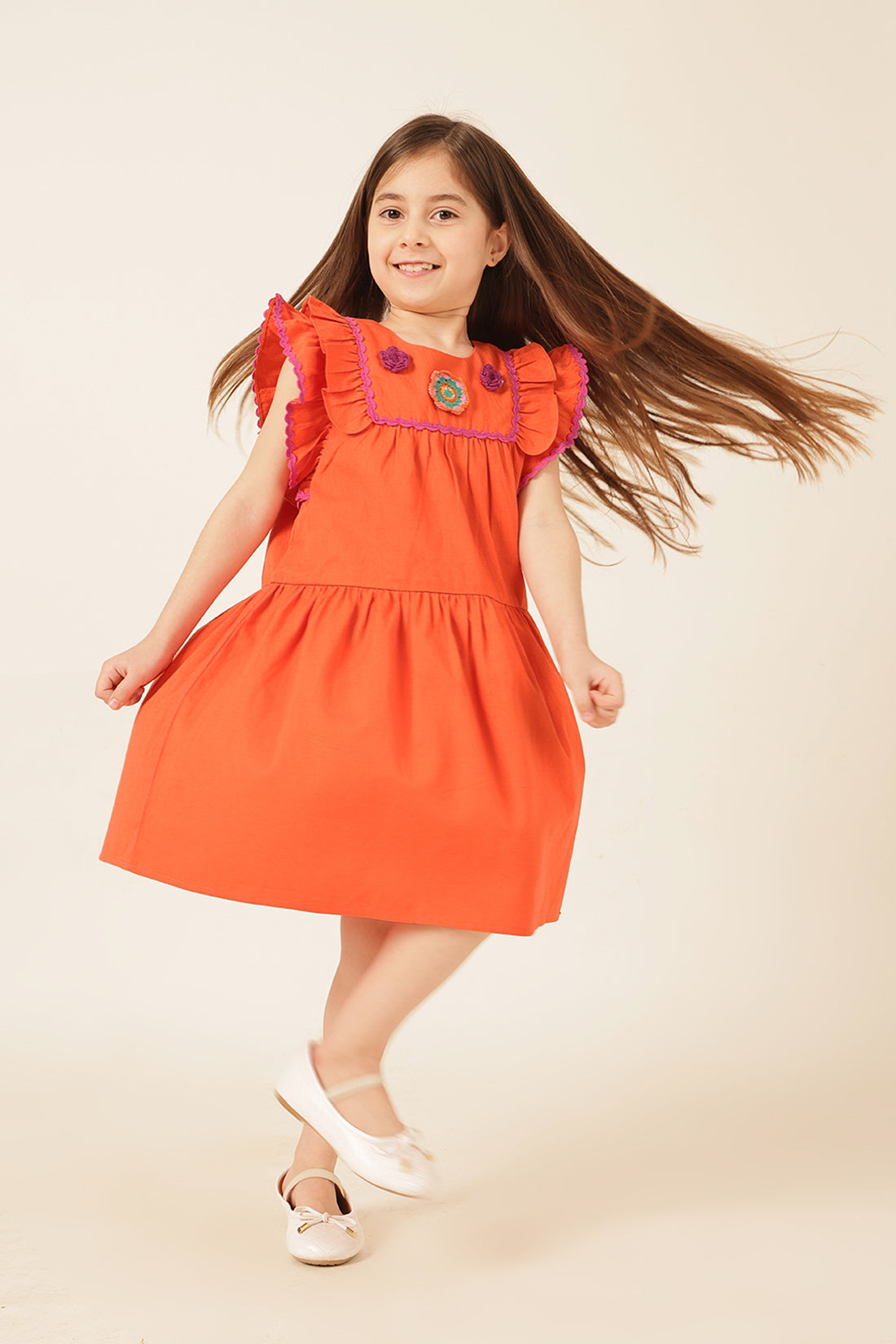 लड़कियों की नारंगी कॉटन टवील ड्रेस