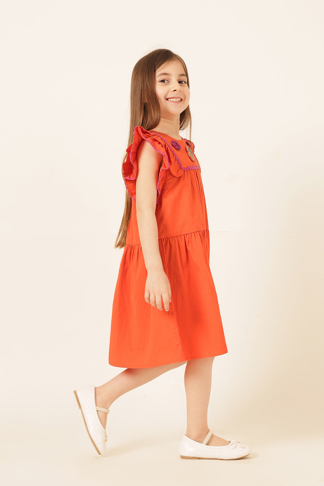 लड़कियों की नारंगी कॉटन टवील ड्रेस