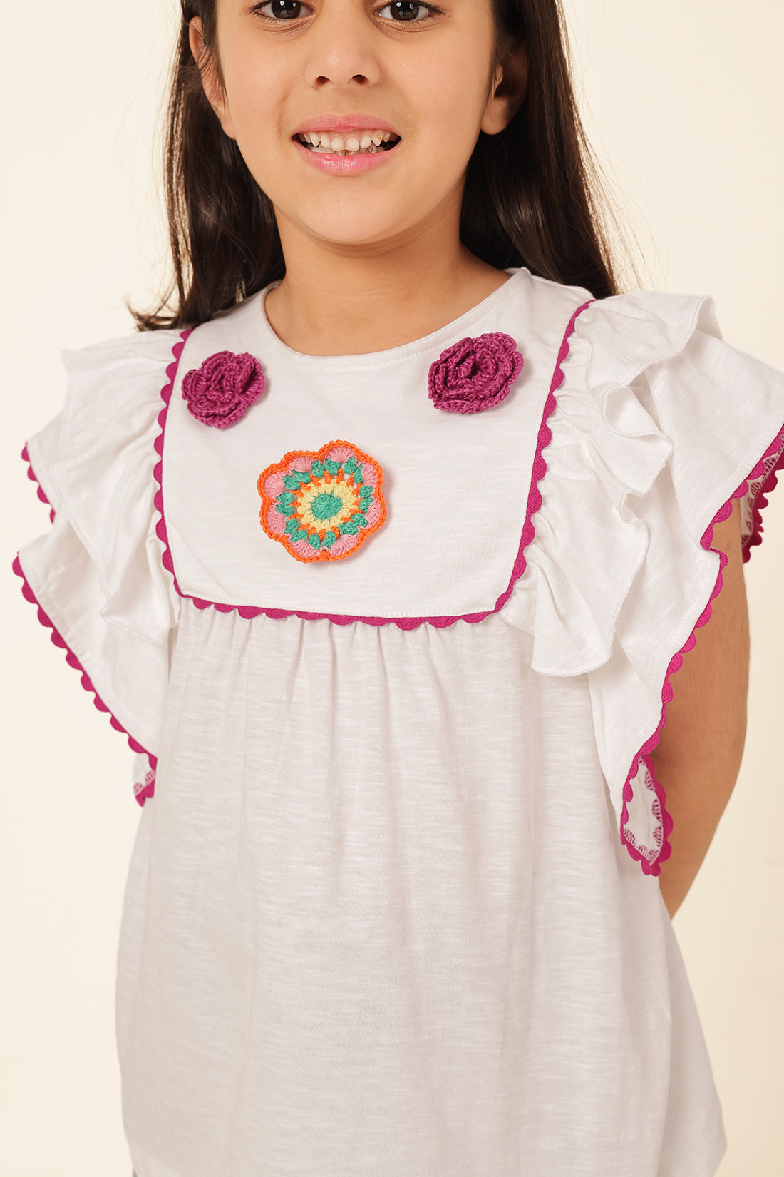 Girls White Ruffle Sleeve Knit Top