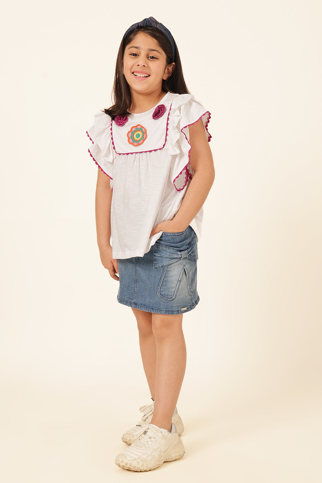 Girls White Ruffle Sleeve Knit Top