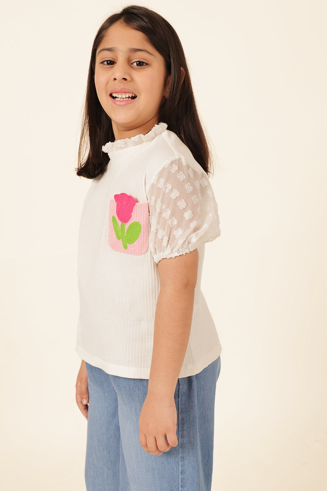 Girls Off White Jacquard Knit Top