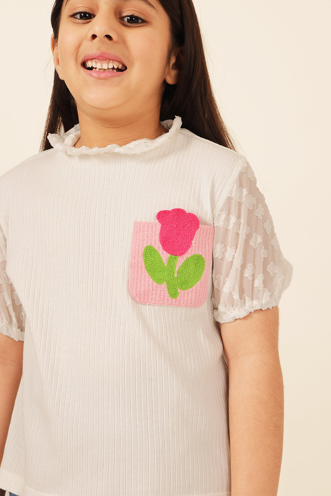 Girls Off White Jacquard Knit Top