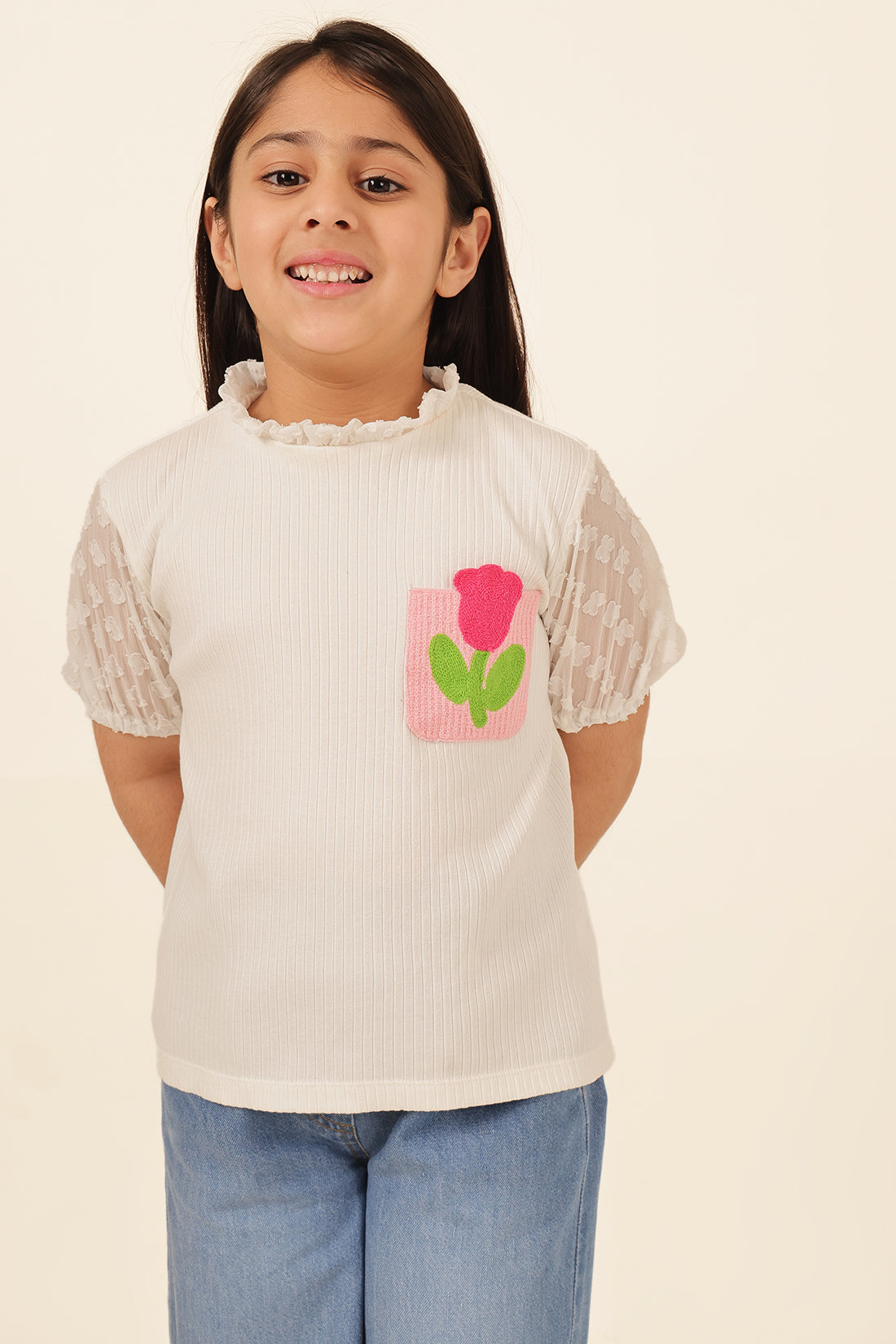 Girls Off White Jacquard Knit Top