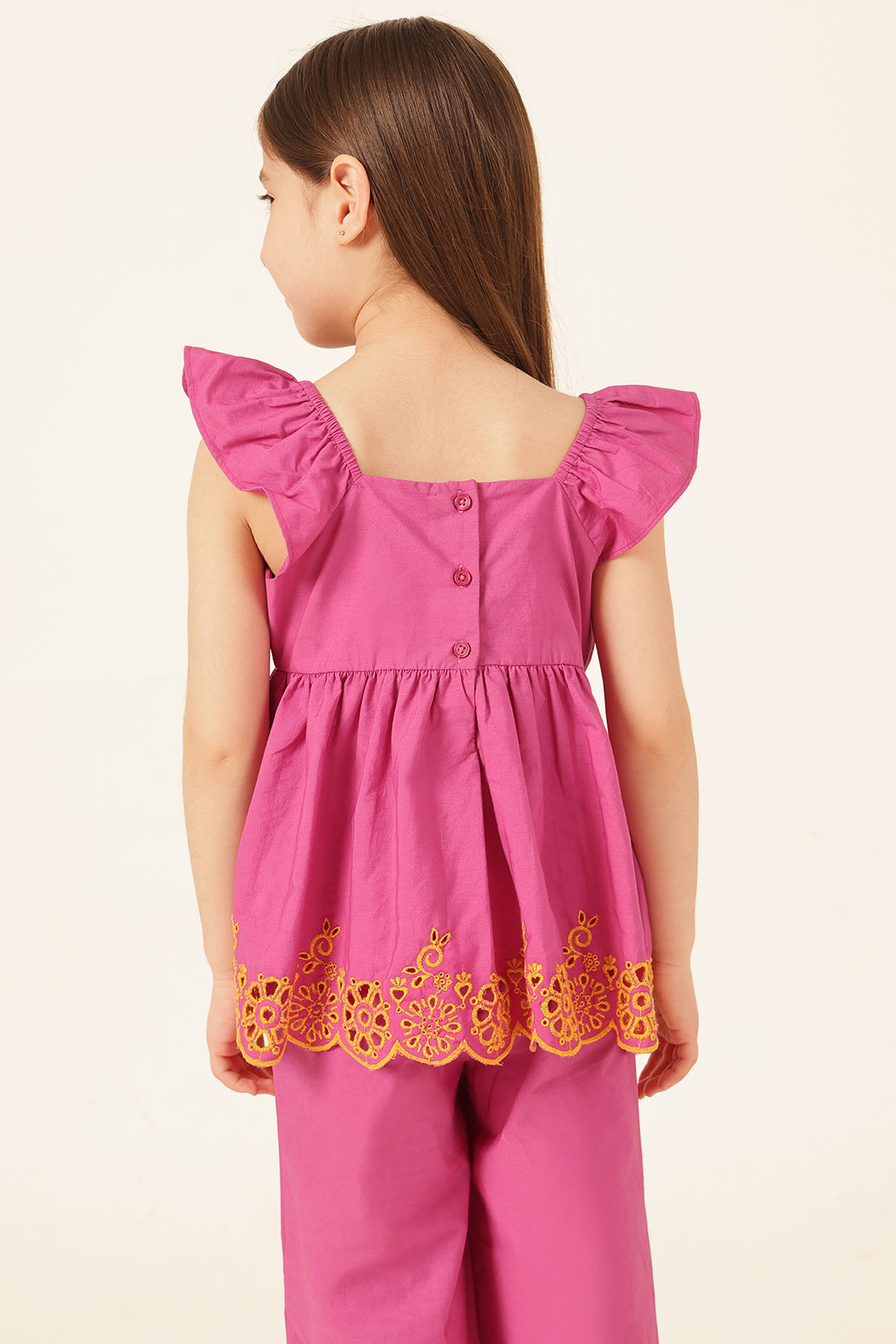 Girls Pink Schiffli Square Neck Top