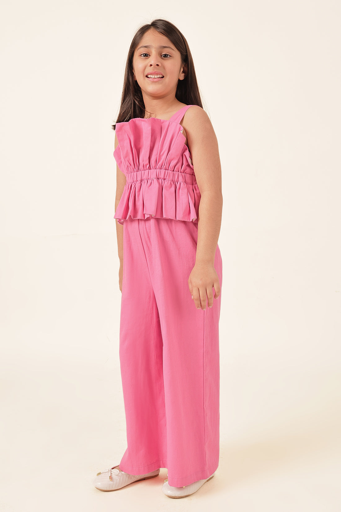 Girls Pink Square Neck Twill Jumpsuit
