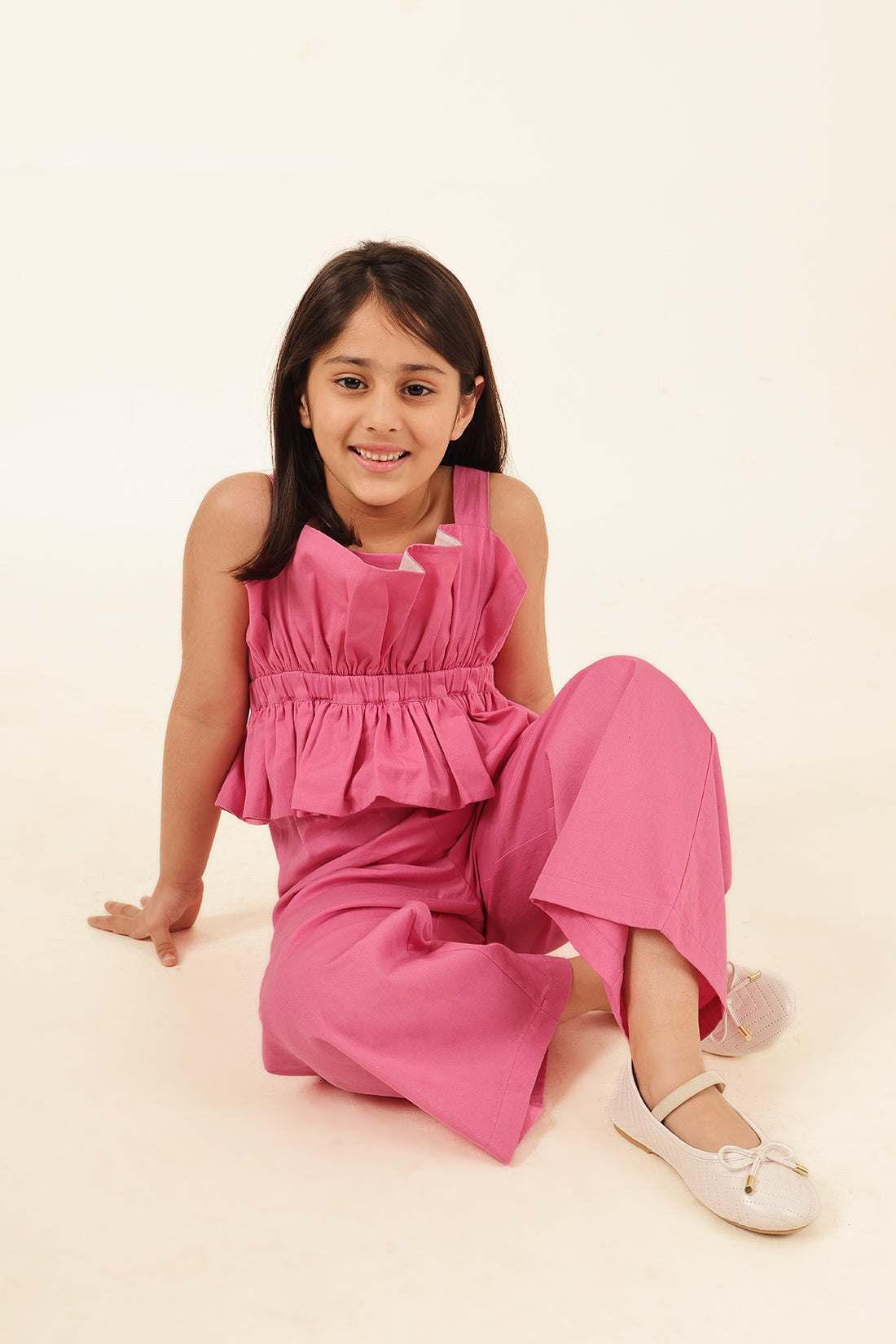 Girls Pink Square Neck Twill Jumpsuit