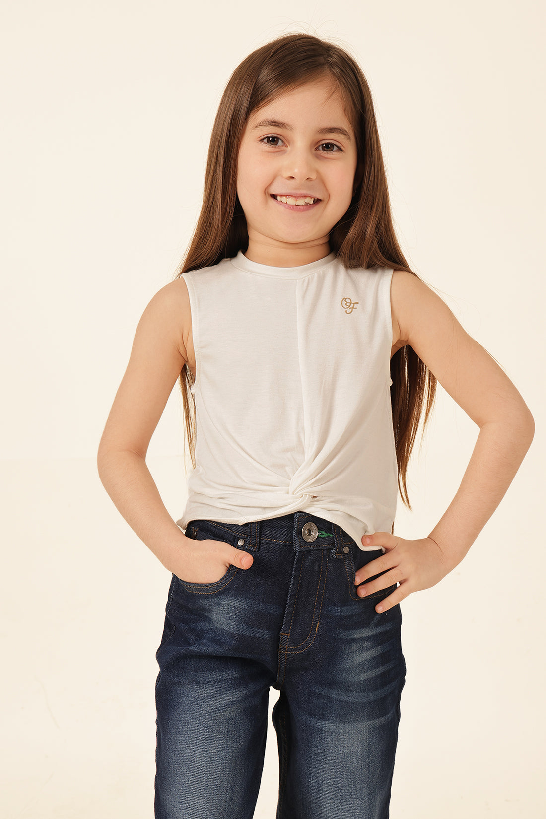 Girls Ivory Solid Print Cotton T-Shirt