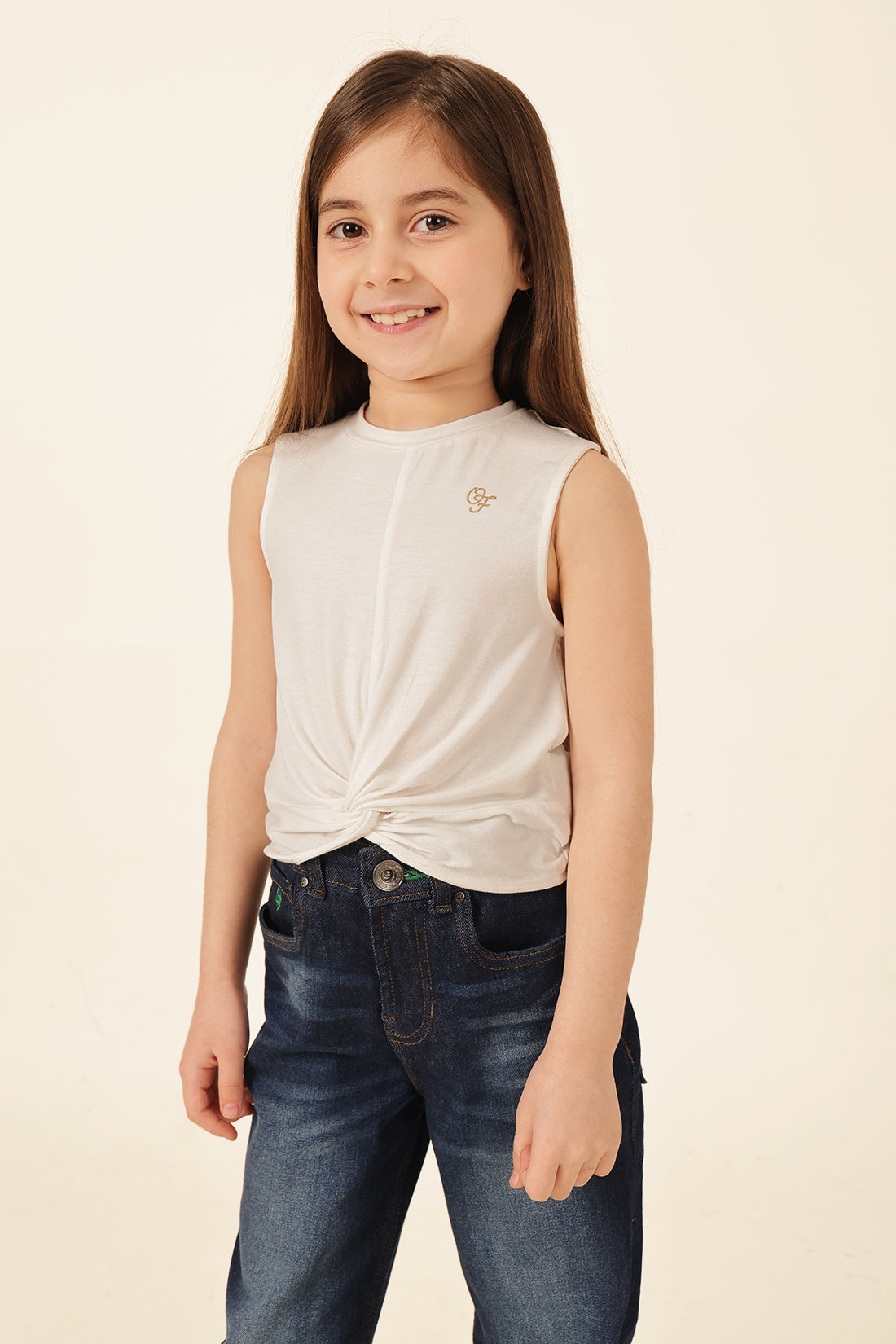 Girls Ivory Solid Print Cotton T-Shirt