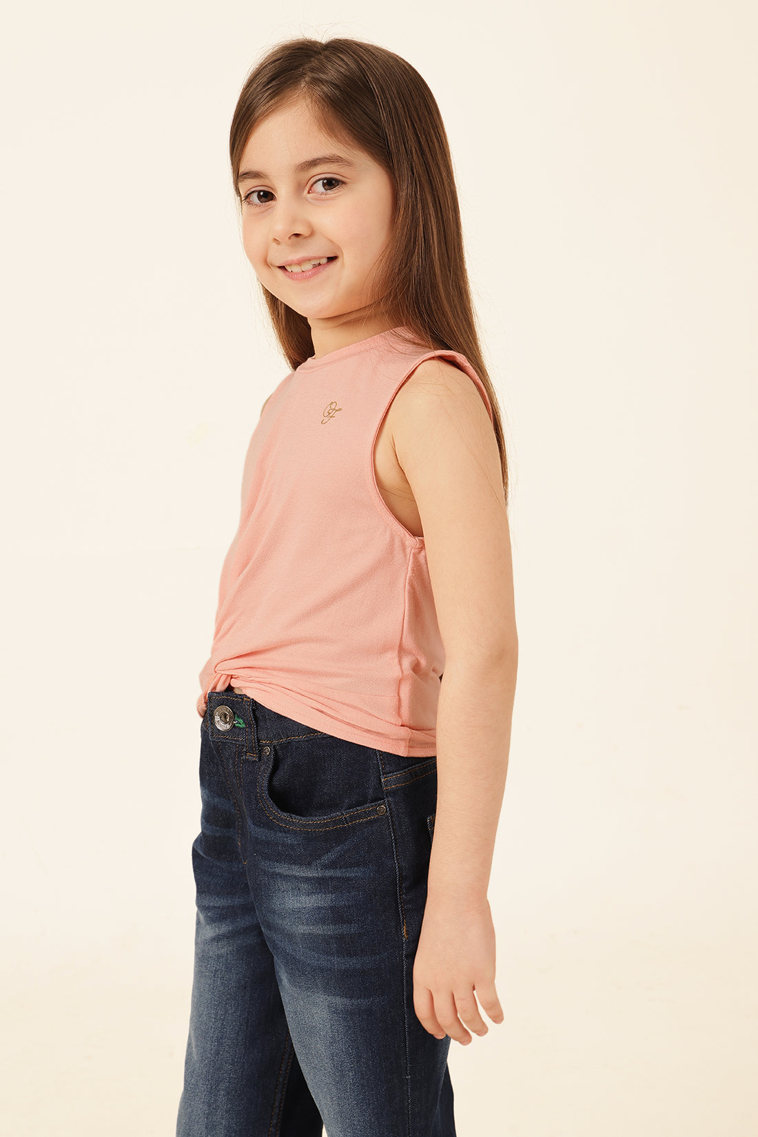 Girls Peach Printed Cotton Knit T-Shirt