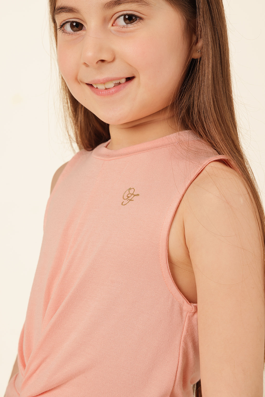 Girls Peach Printed Cotton Knit T-Shirt
