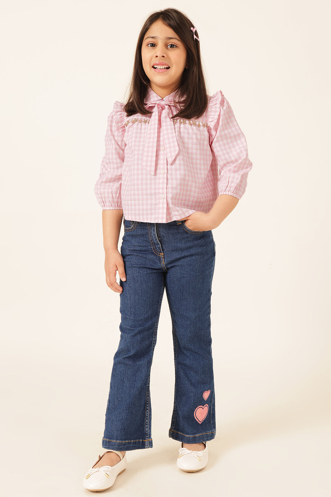 Girls Pink Check Lurex Woven Top