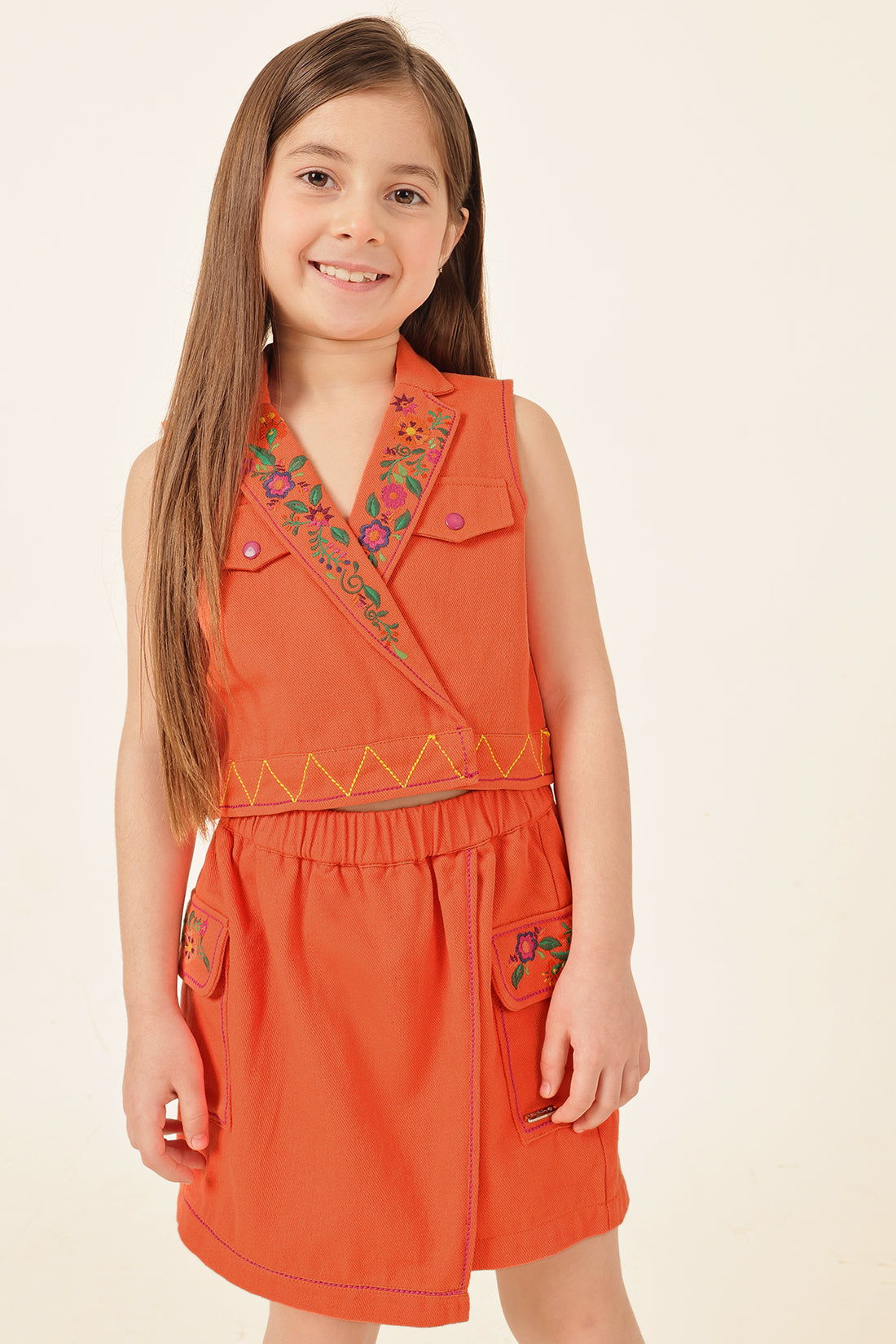 Girls Orange Embellished Cotton Twill Jacket