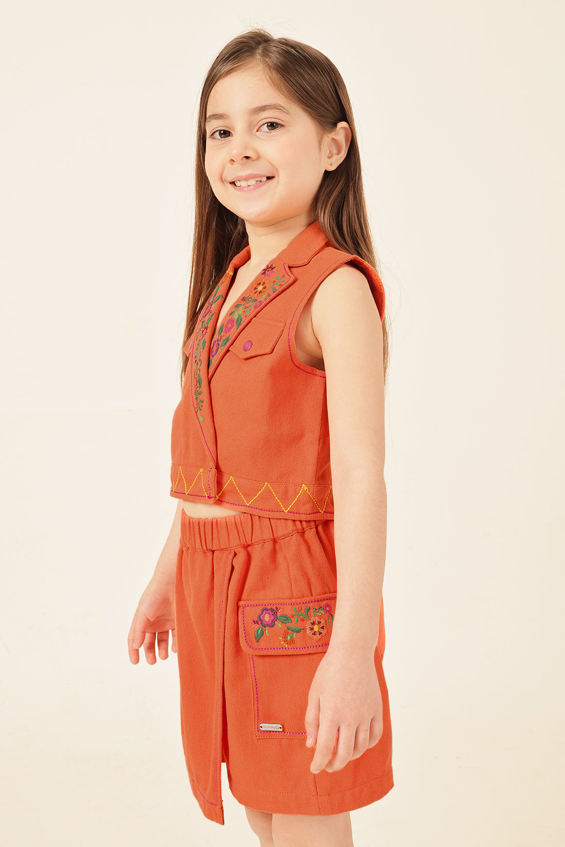 Girls Orange Embellished Cotton Twill Jacket