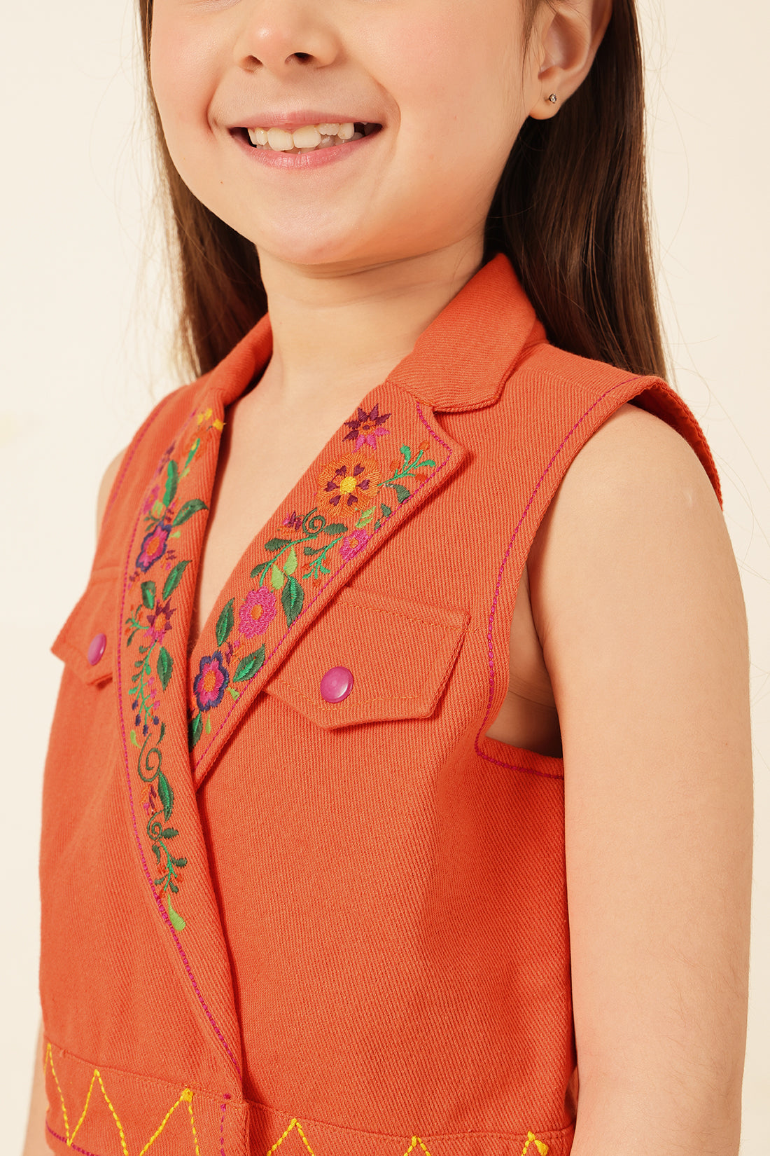Girls Orange Embellished Cotton Twill Jacket
