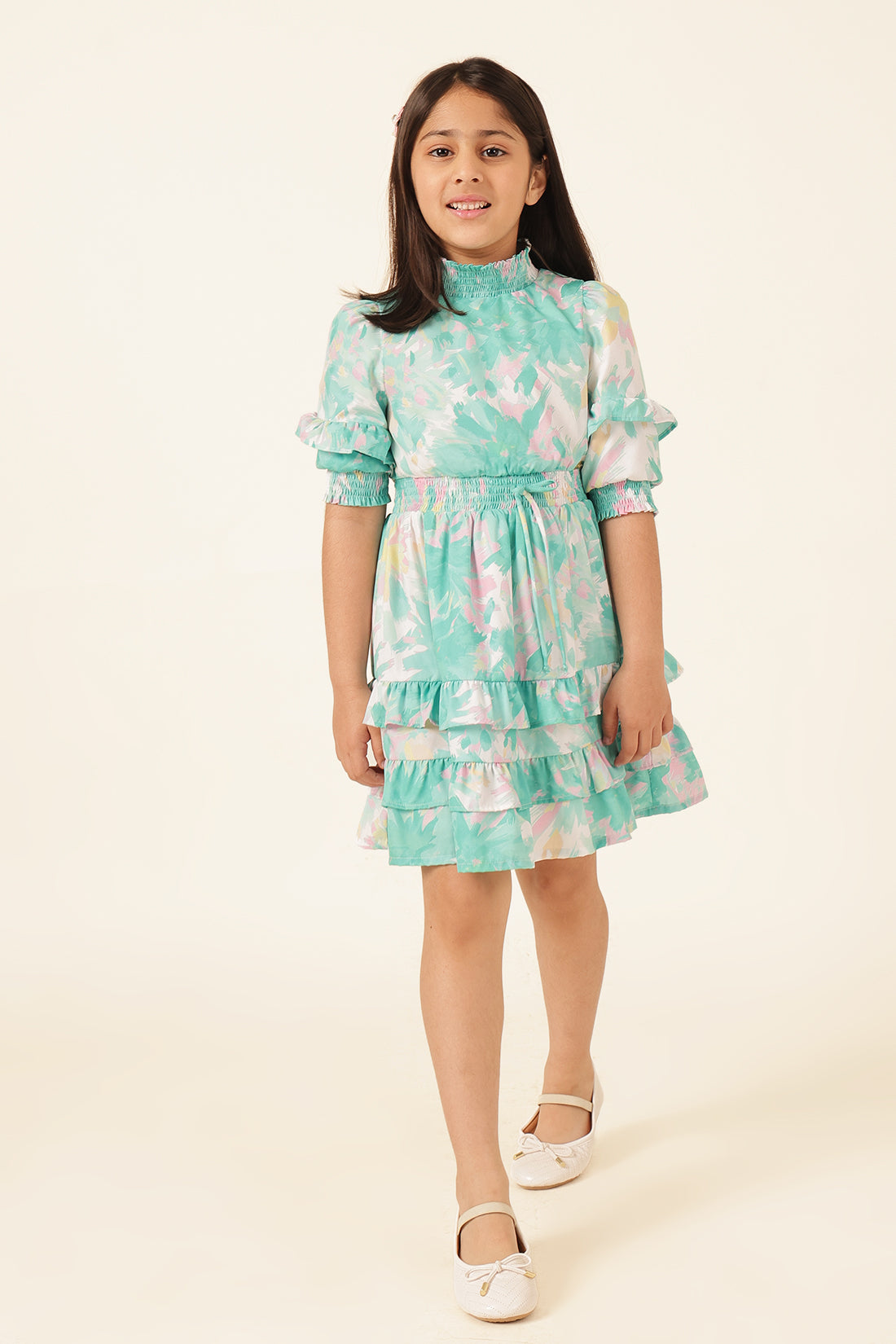 Girls Multi High Neck Poly Crepe Dress