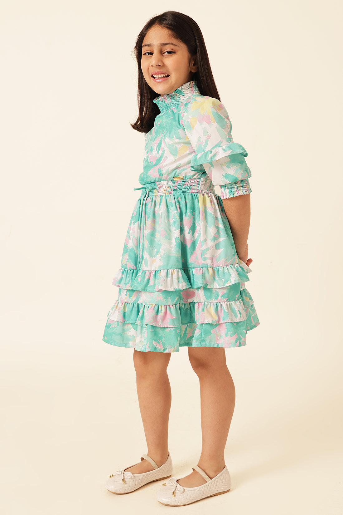 Girls Multi High Neck Poly Crepe Dress