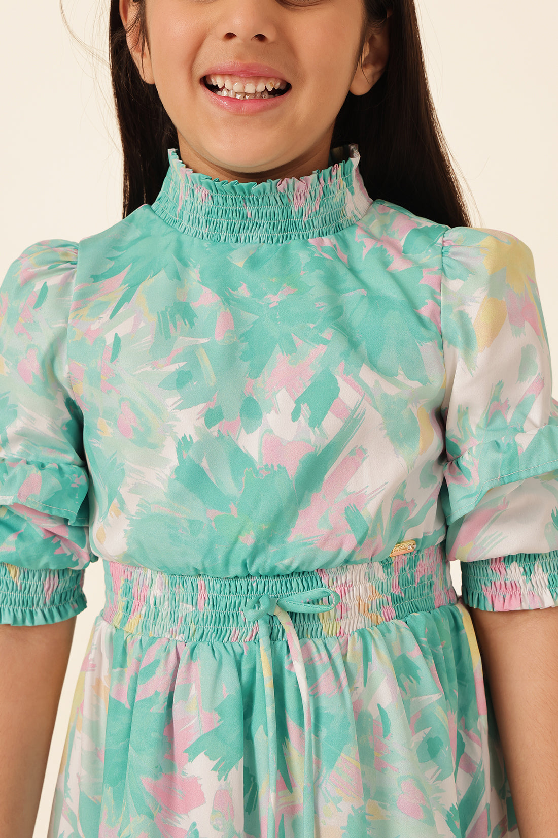 Girls Multi High Neck Poly Crepe Dress