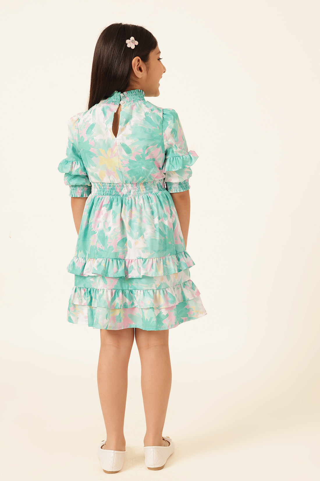 Girls Multi High Neck Poly Crepe Dress