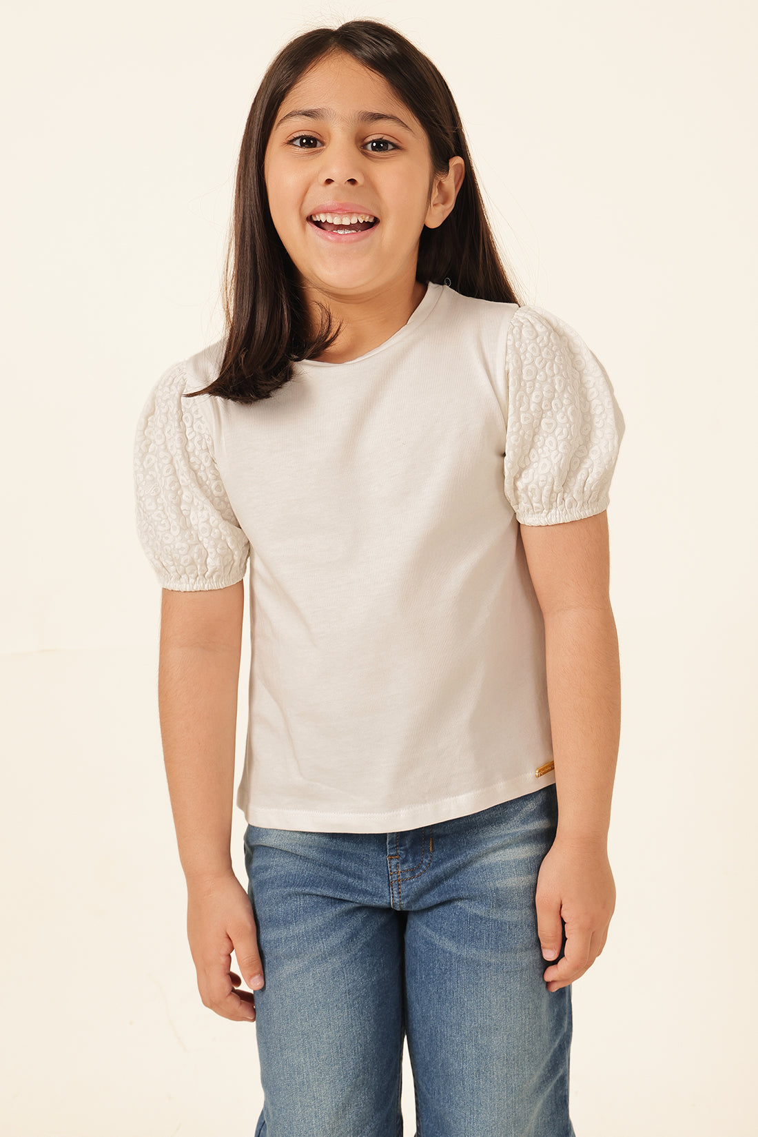 Girls Off White Printed Cotton T-Shirt