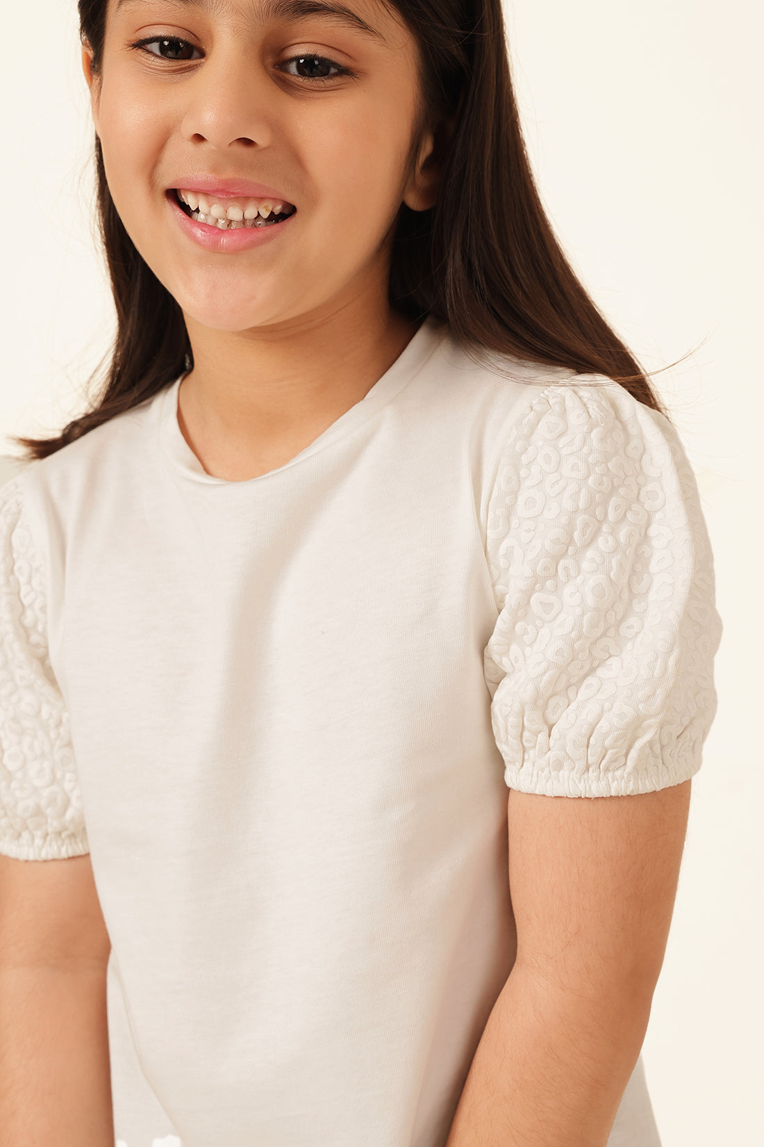 Girls Off White Printed Cotton T-Shirt