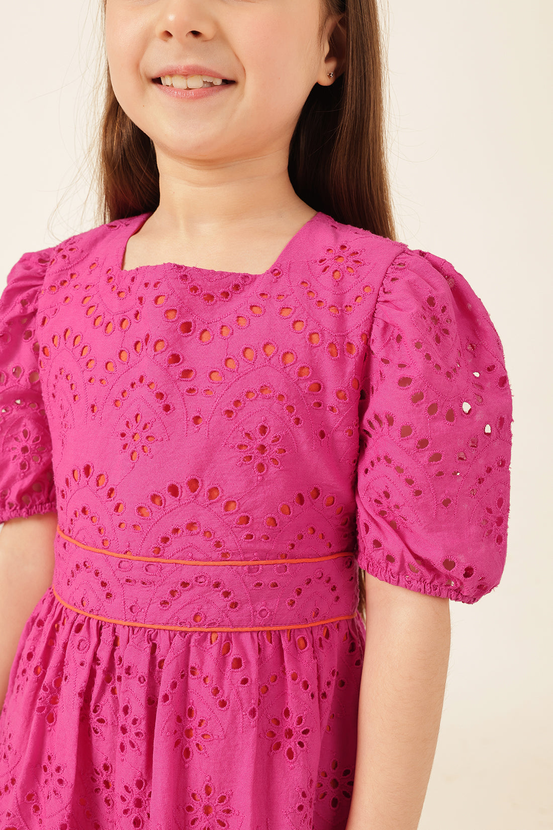 Girls Pink Cotton Schiffli Dress