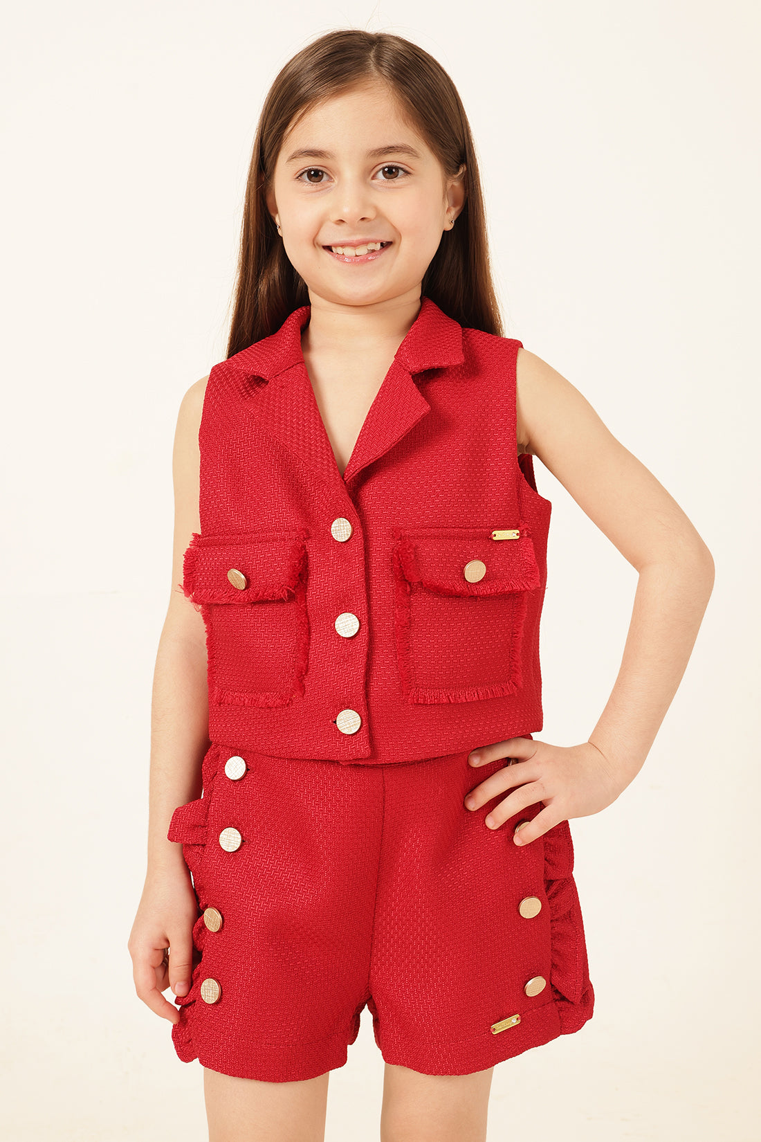 Girls Red Boucle Sleeveless Jacket