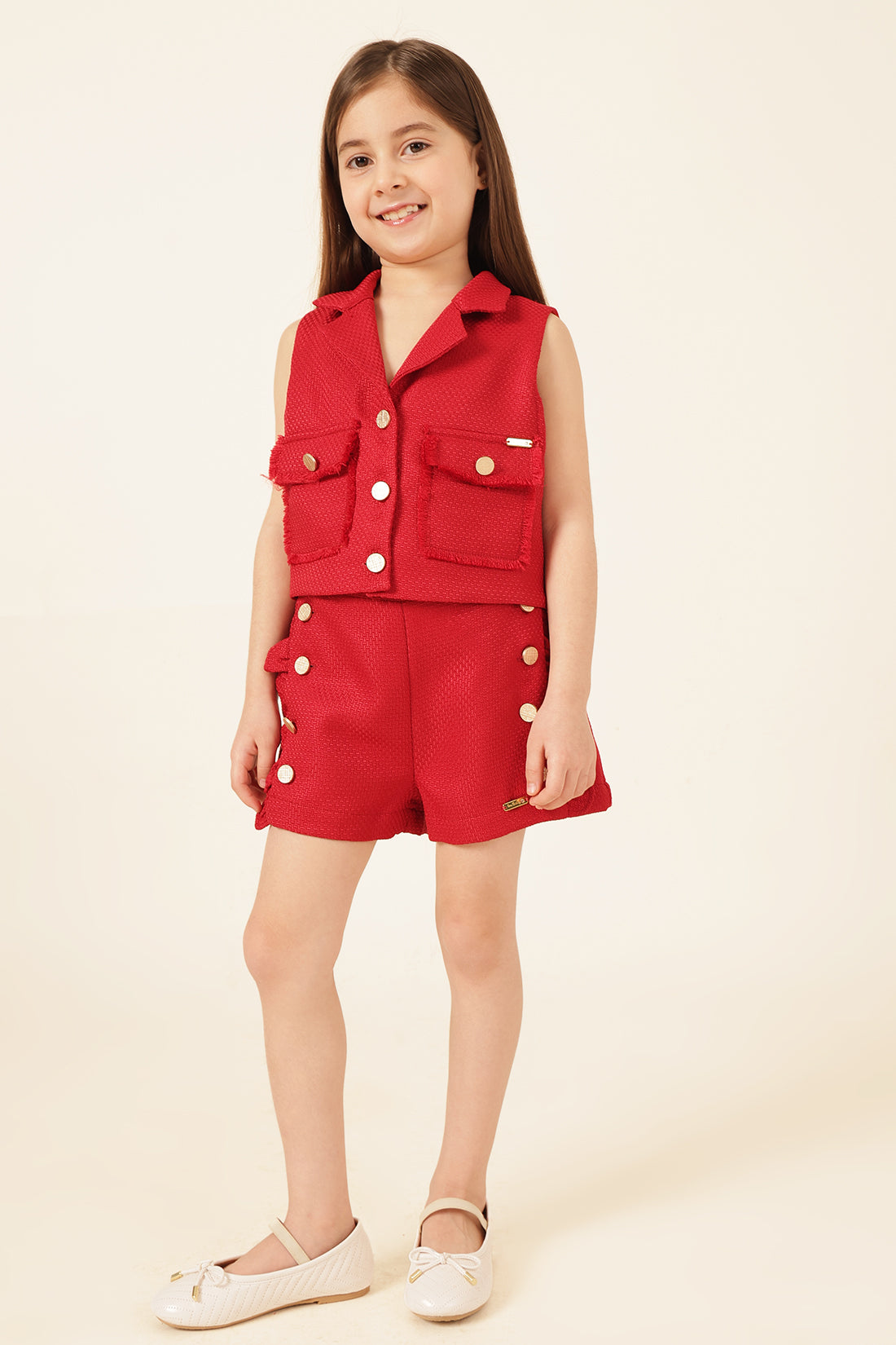 Girls Red Boucle Sleeveless Jacket
