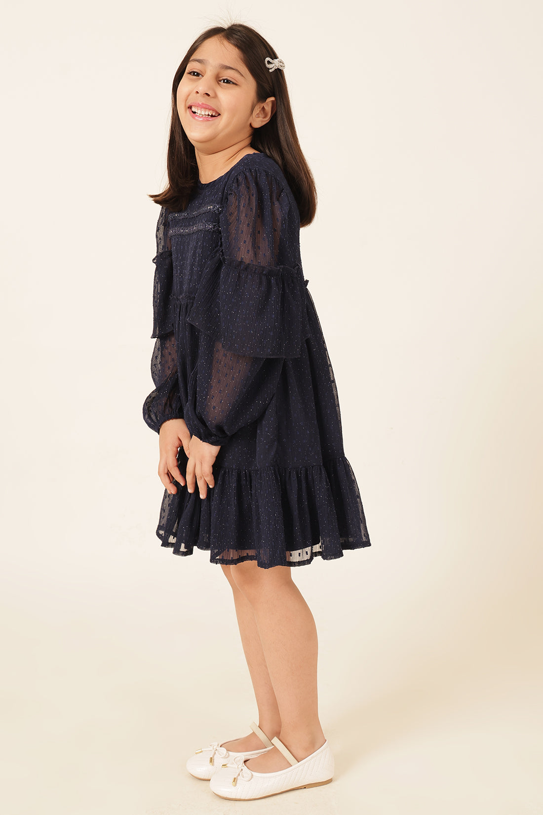 navy blue swiss dot dress Navy Blue Long Sleeve Smocked Tiered Swiss Dots Dress