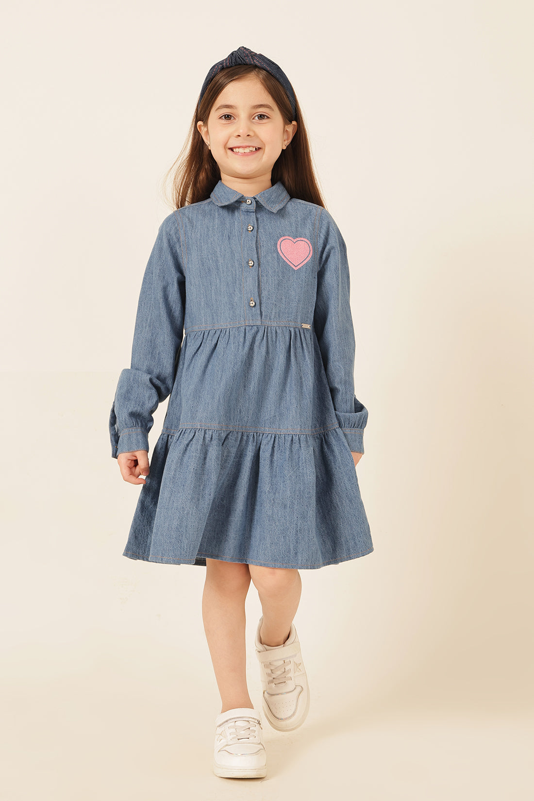 Girls Blue Denim Shirt Collar Dress