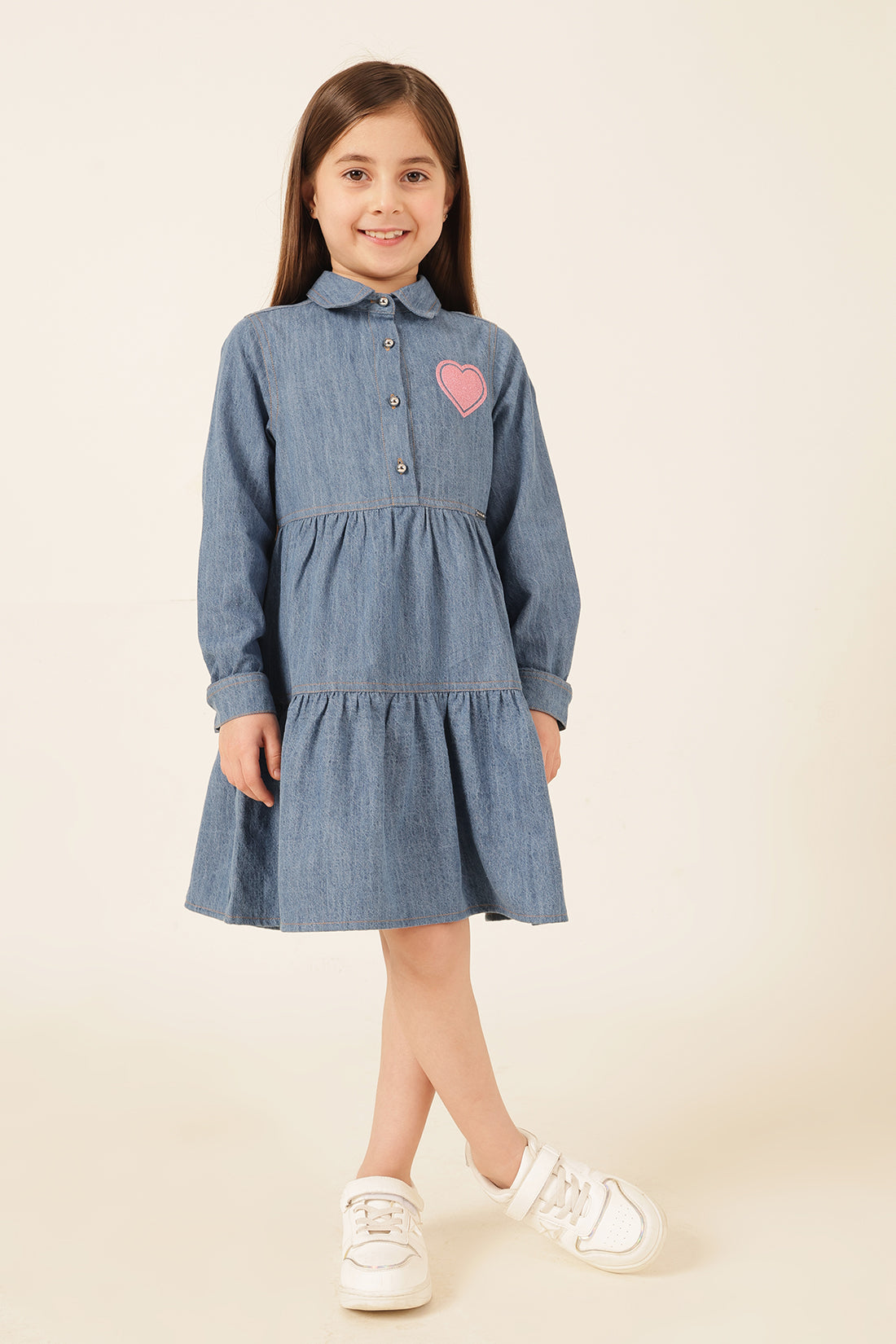 Girls Blue Denim Shirt Collar Dress