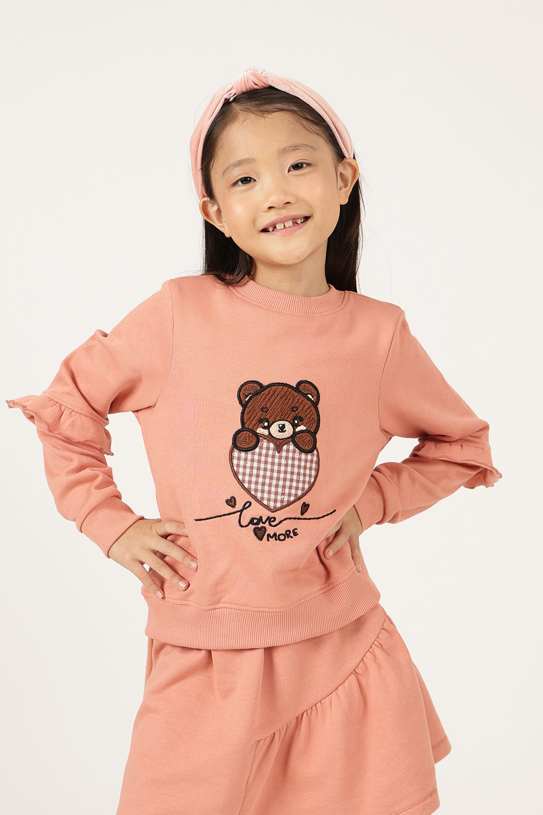 Girls Peach Cotton Fleece Round Neck Top