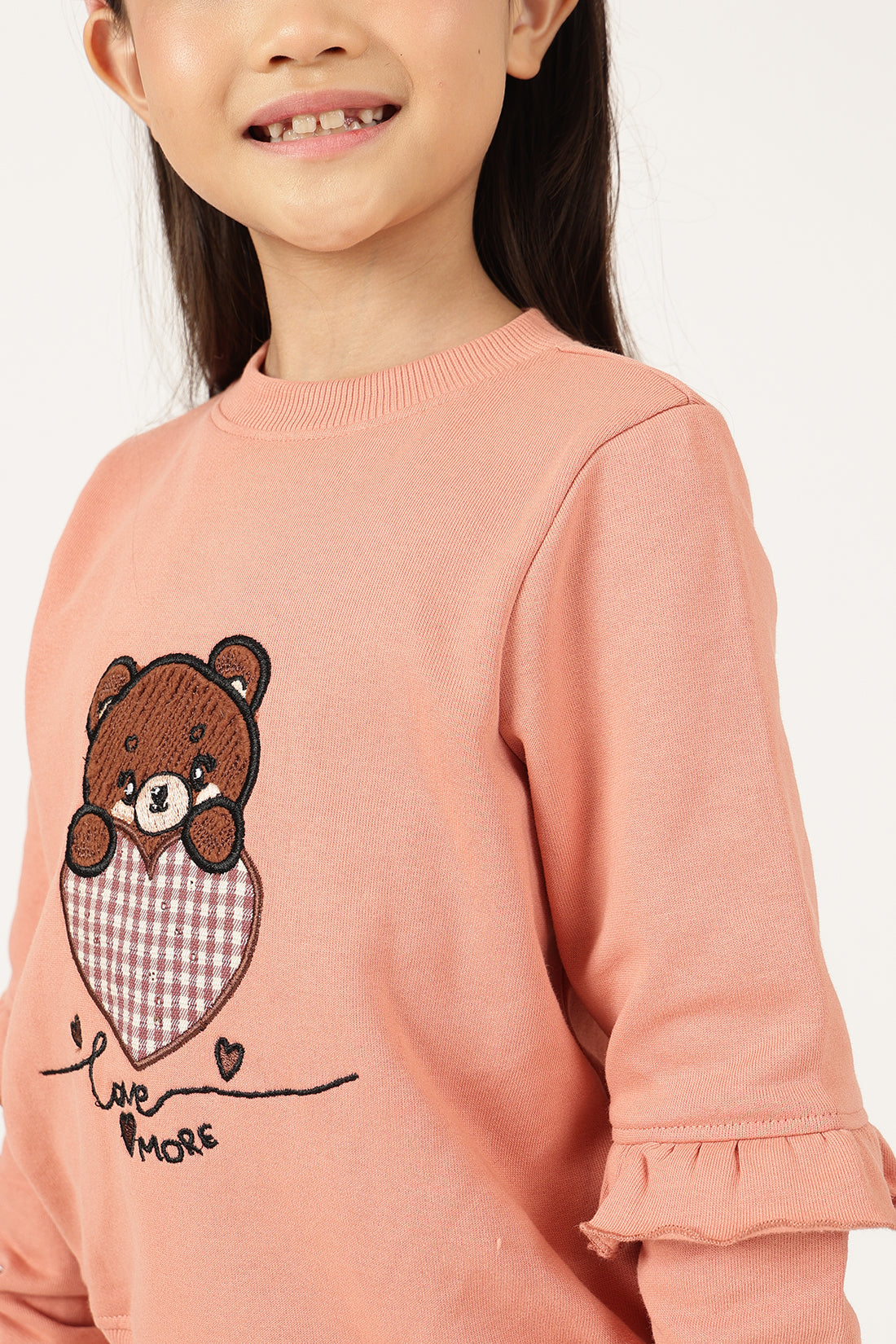 Girls Peach Cotton Fleece Round Neck Top