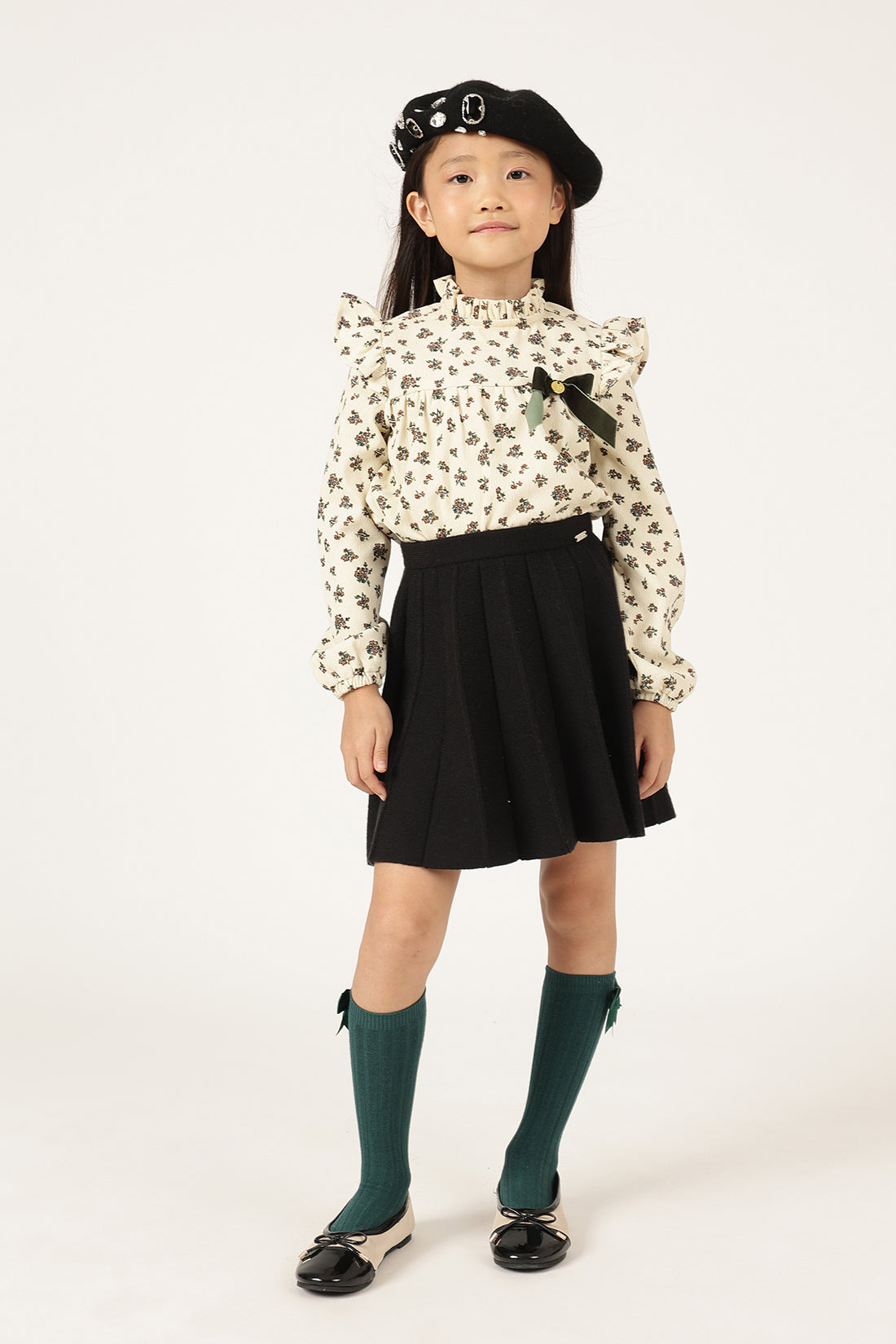 Girls Off White Floral Print Round Neck Top