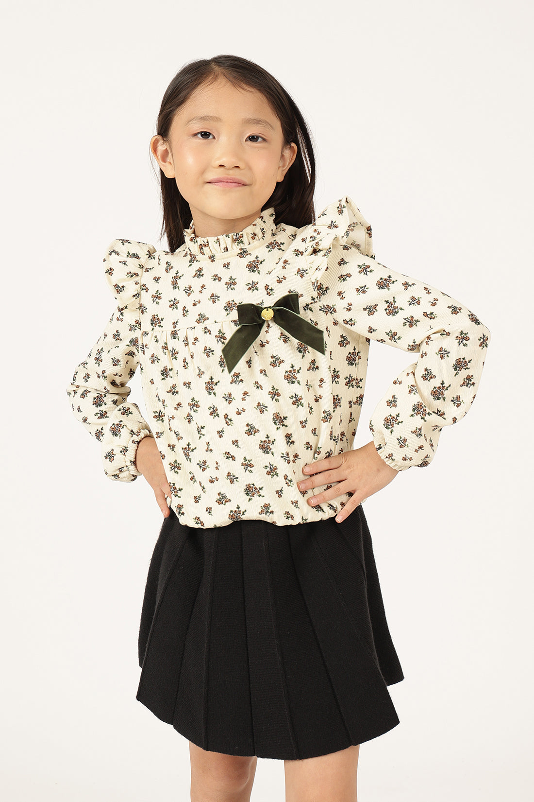 Girls Off White Floral Print Round Neck Top