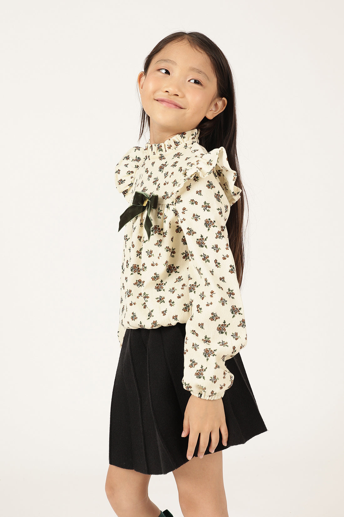 Girls Off White Floral Print Round Neck Top