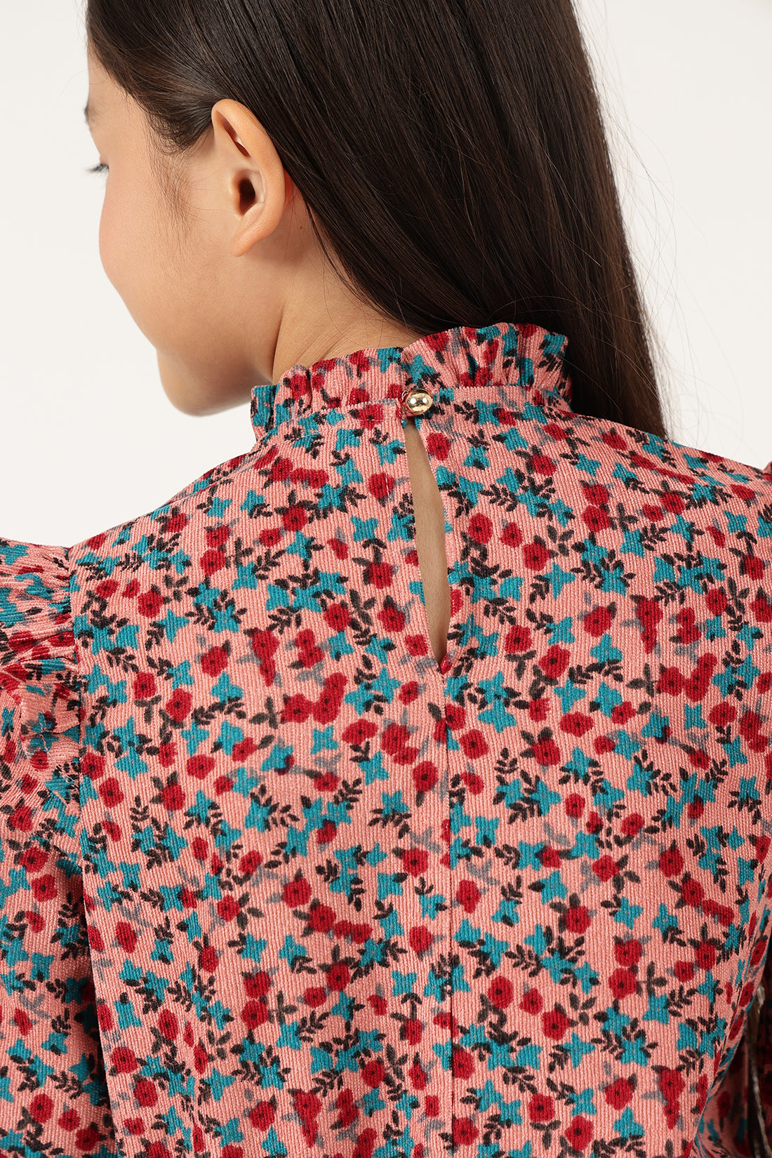 Girls Pink Floral Print Round Neck Woven Top