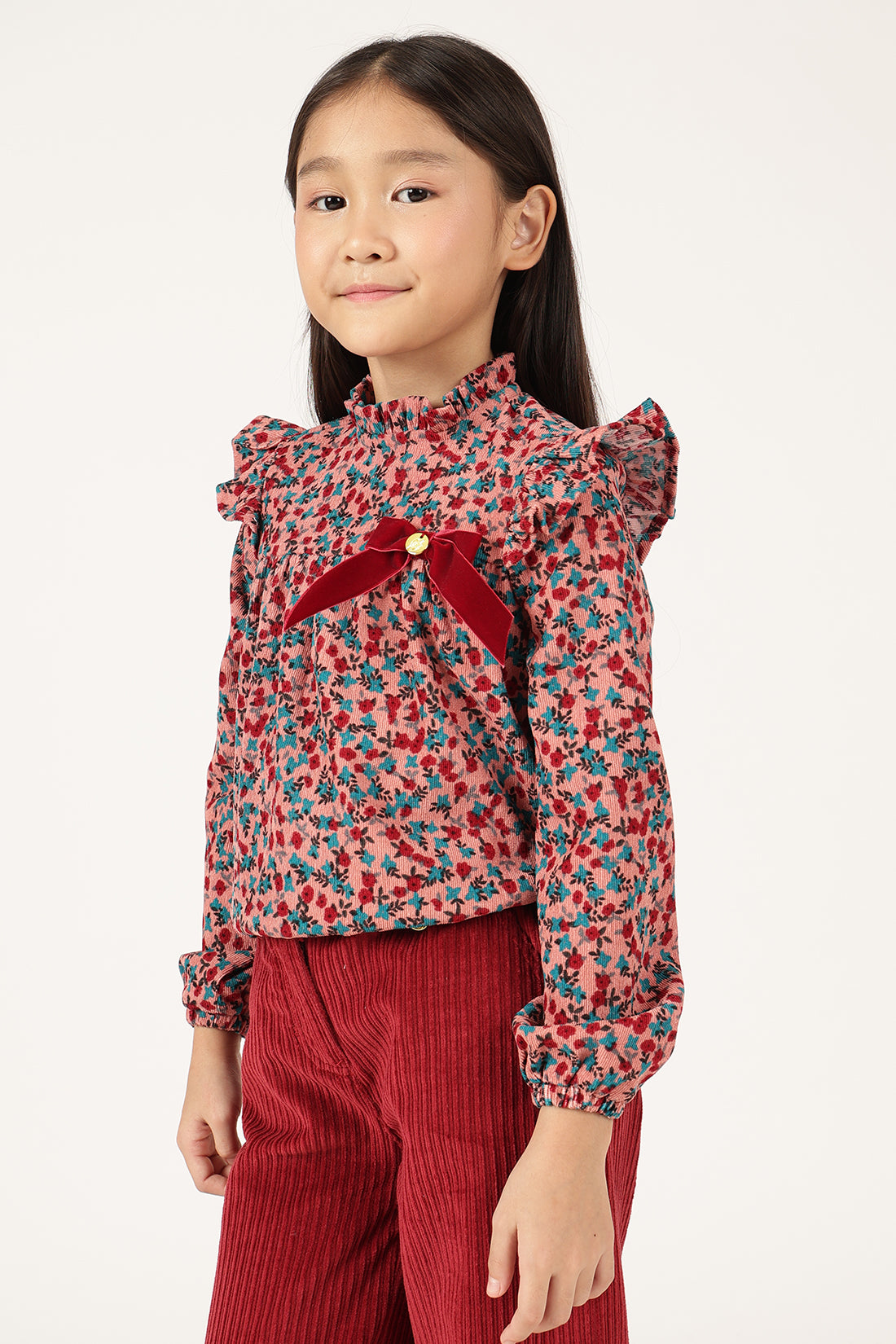 Girls Pink Floral Print Round Neck Woven Top