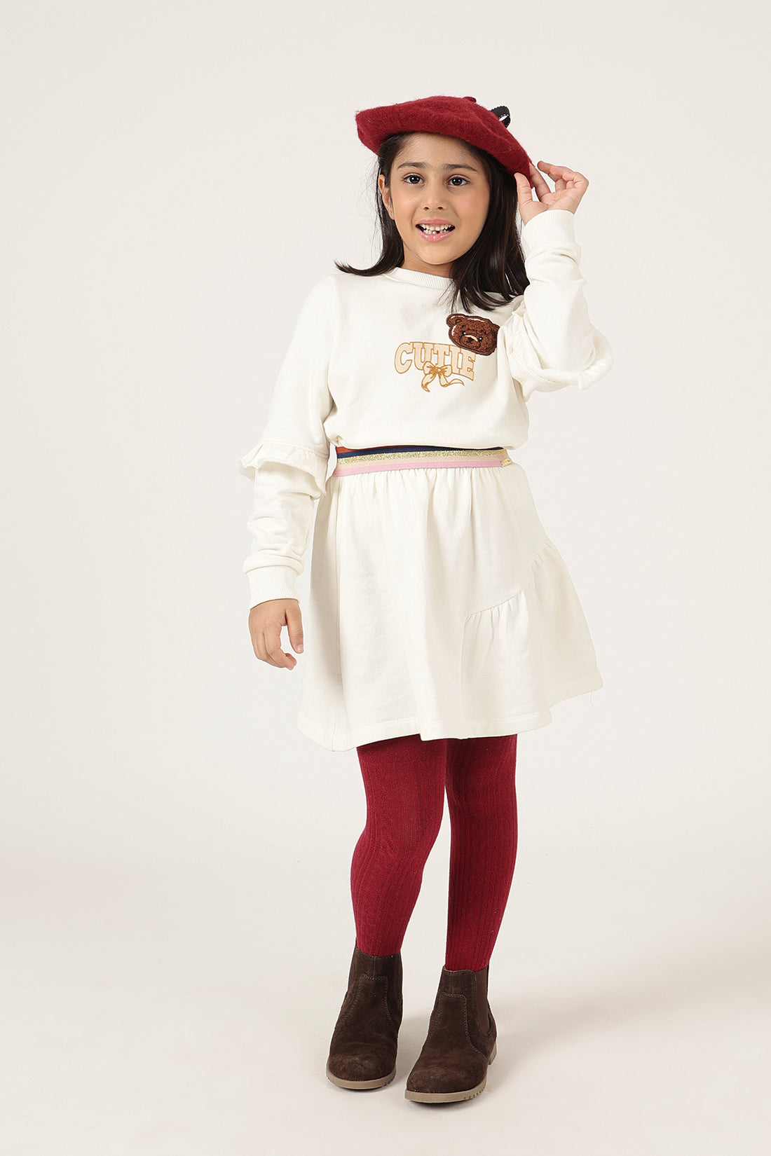 Girls Off White Cotton Fleece Full Sleeve Top