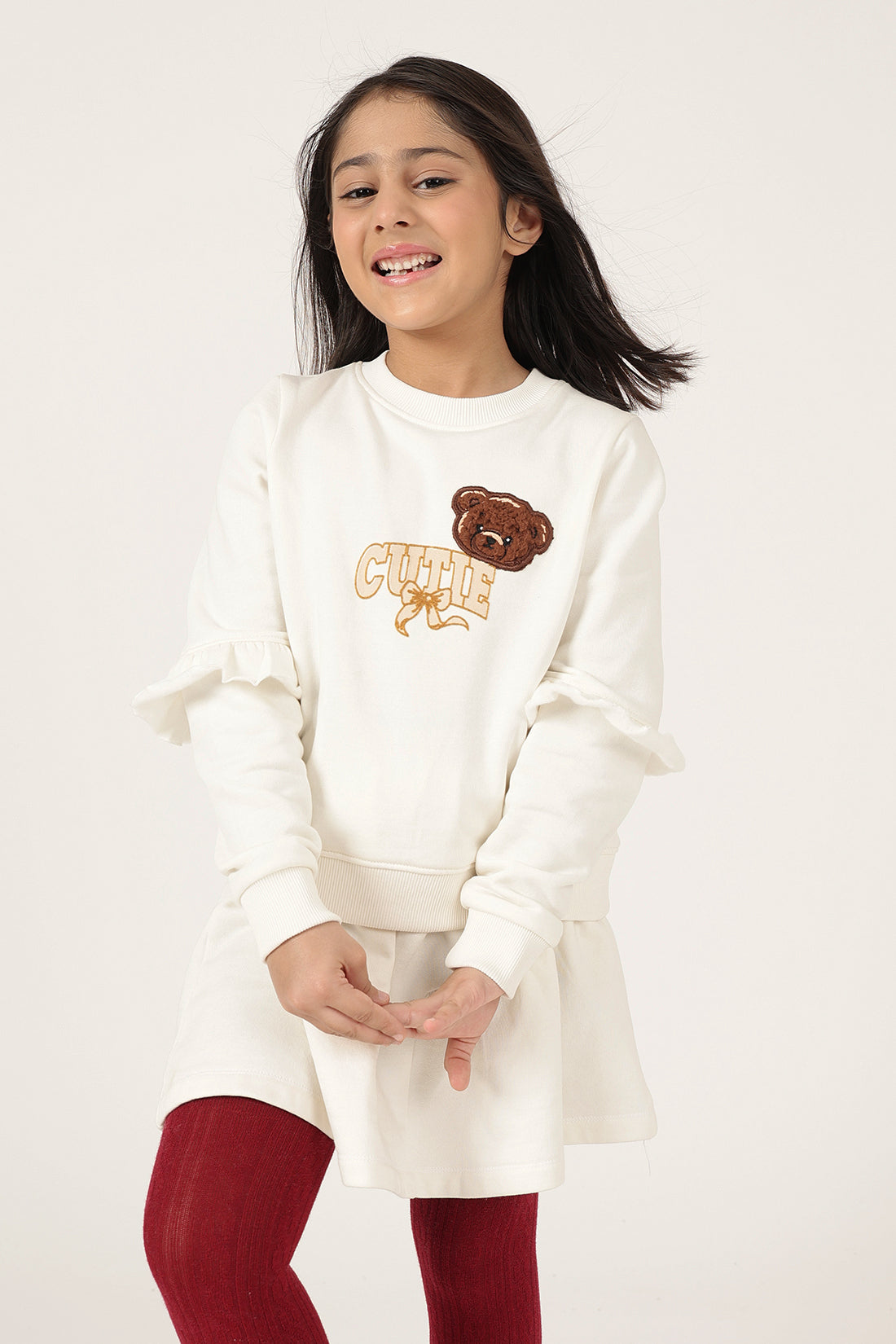 Girls Off White Cotton Fleece Full Sleeve Top
